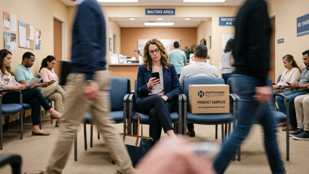 pharma sales rep in a busy waiting room